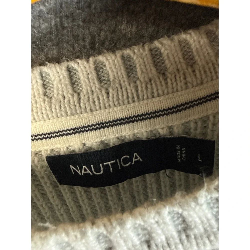 Nautica Anchor Cable Knit Preppy Sweater‎ Crew Neck Long Sleeve Gray Mens Size L